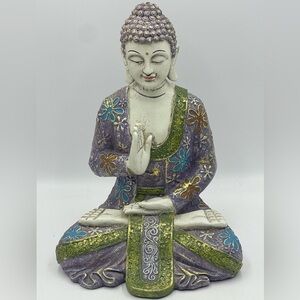 VTG Hand Crafted Meditation Buddha Sculpture in Purple & Green Traditional Robe